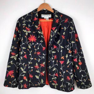 Noviello Bloom Wool Dark Floral Embroidered Blazer Size 14. Black Lined Coquette